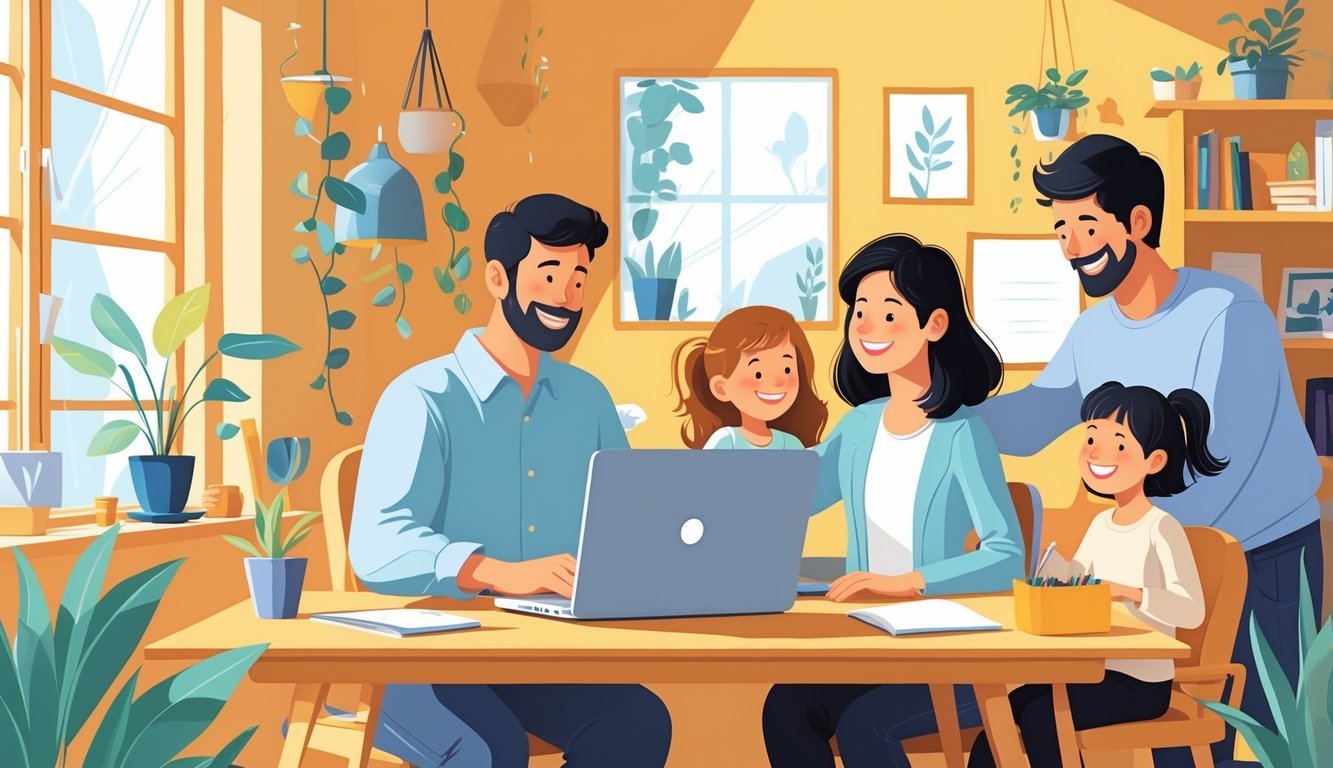 A person working on a laptop at home while their partner and child smile and interact nearby, showing a positive family connection.