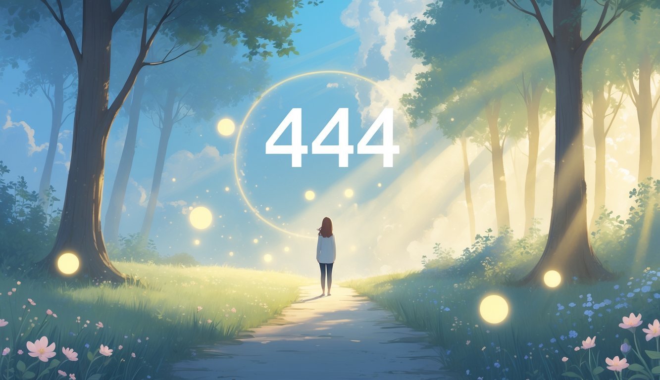 A person standing peacefully on a sunlit path surrounded by trees and flowers with soft glowing lights floating around them.