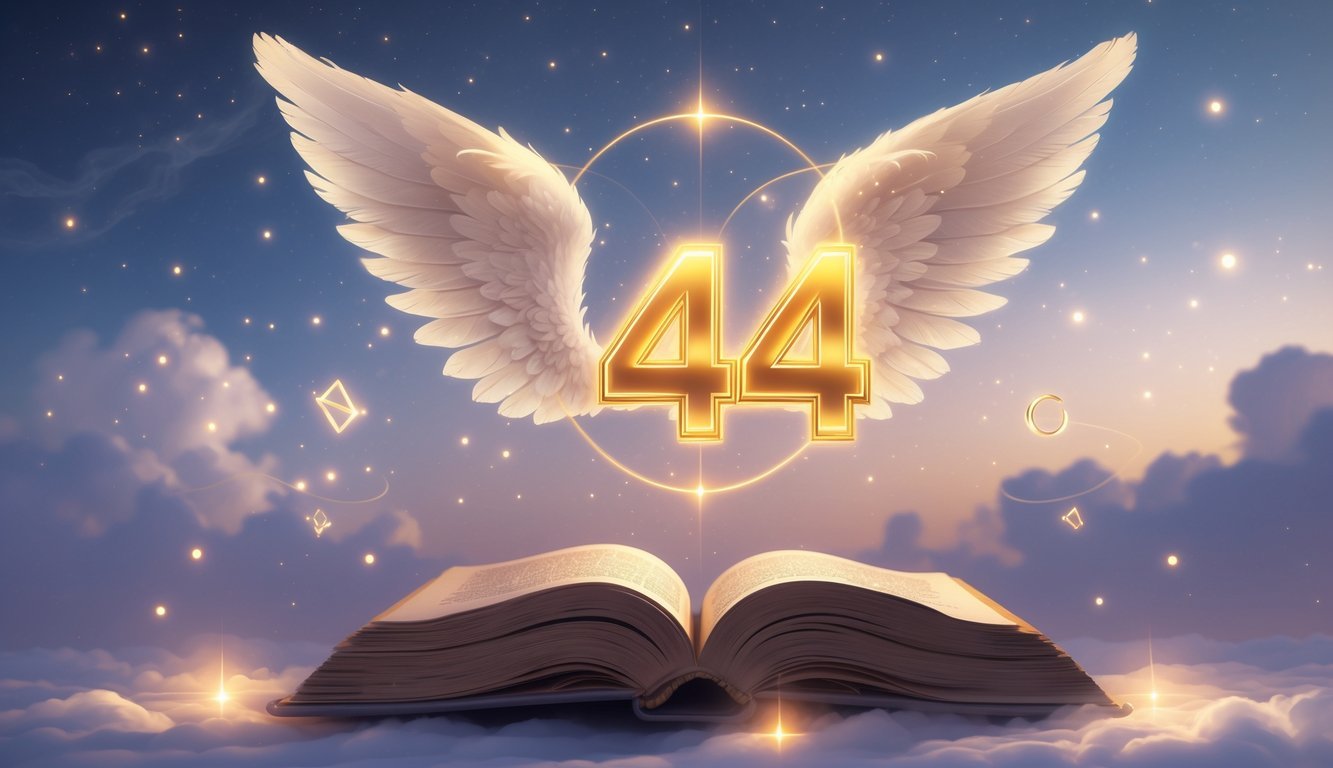 A glowing number 444 floating above an open book, surrounded by angel wings and soft light orbs under a twilight sky with stars.