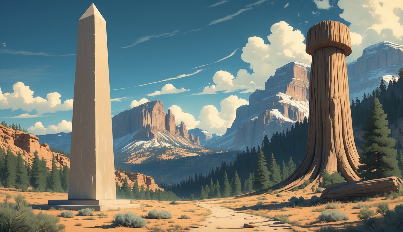 A tall stone obelisk in a desert landscape on the left and a forested mountain clearing on the right where a large wooden sculpture is missing.