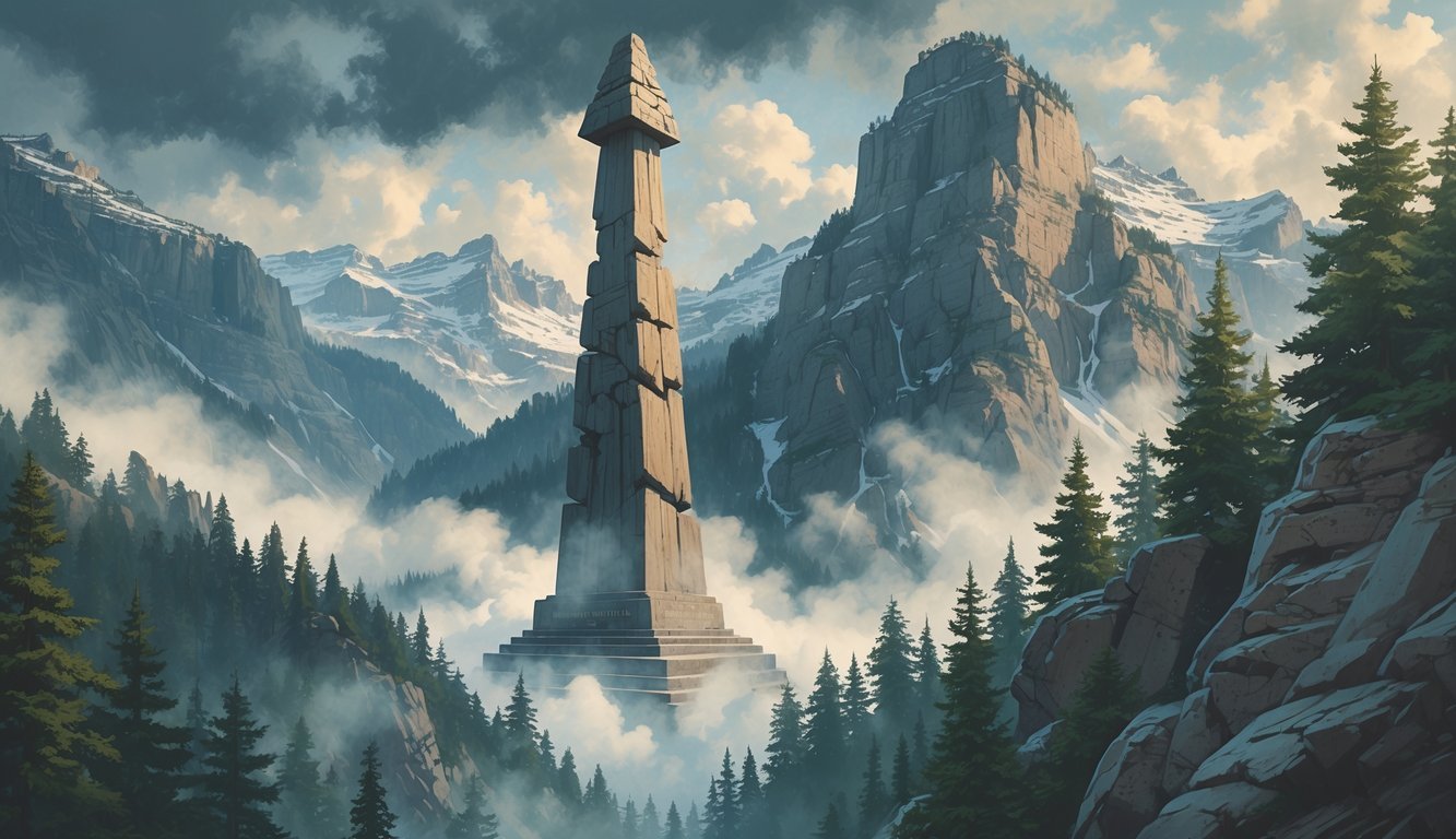 A large Bavarian monument fading away on a mountain with a giant wooden obelisk shaped like a phallus towering in the background surrounded by pine trees and rocky cliffs.