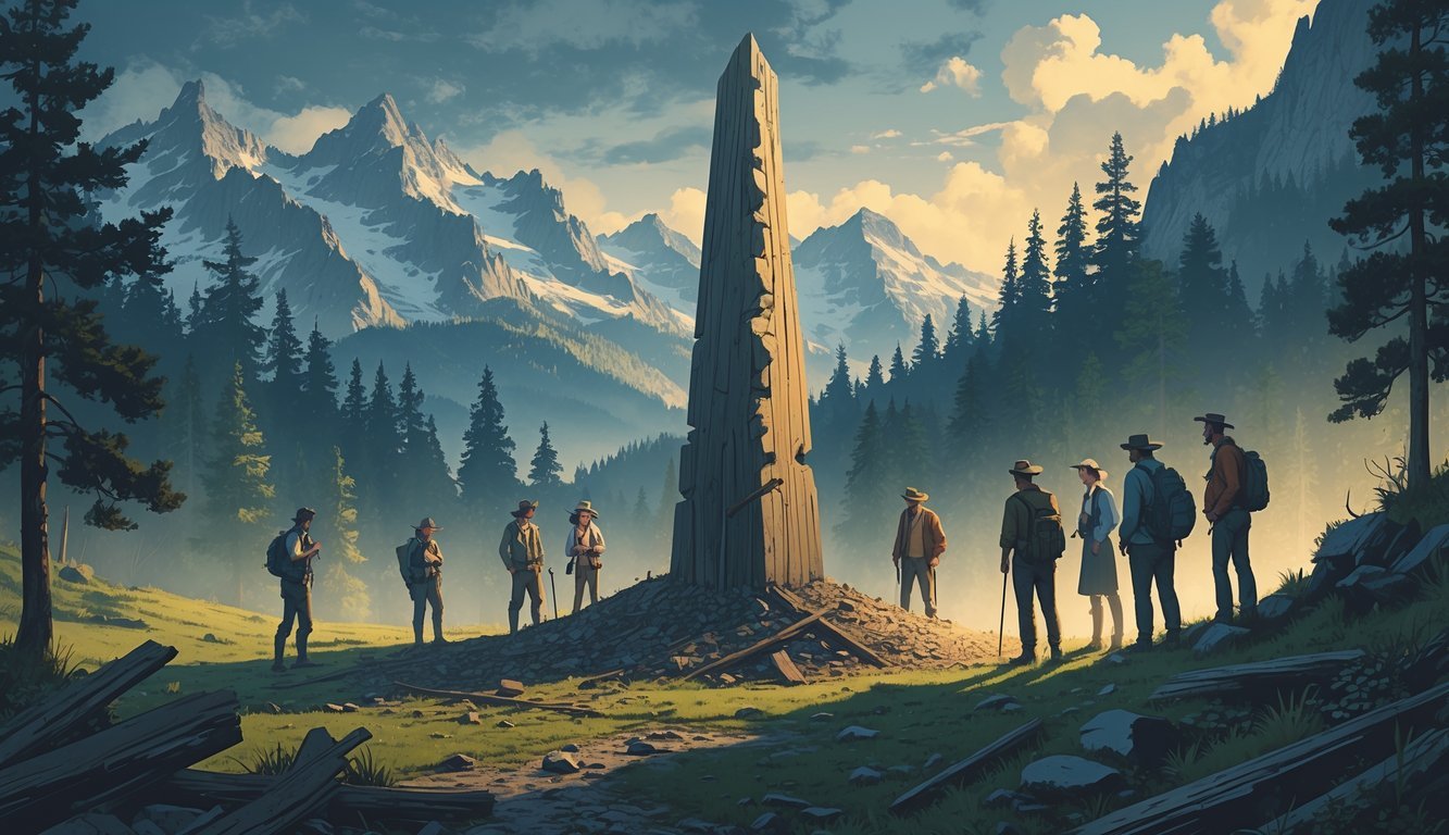 A group of people examining a disturbed clearing in a mountainous forest where a large wooden obelisk has disappeared.