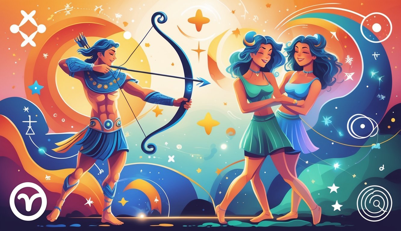 Two figures representing Sagittarius and Gemini with celestial symbols and stars around them, showing a harmonious connection.