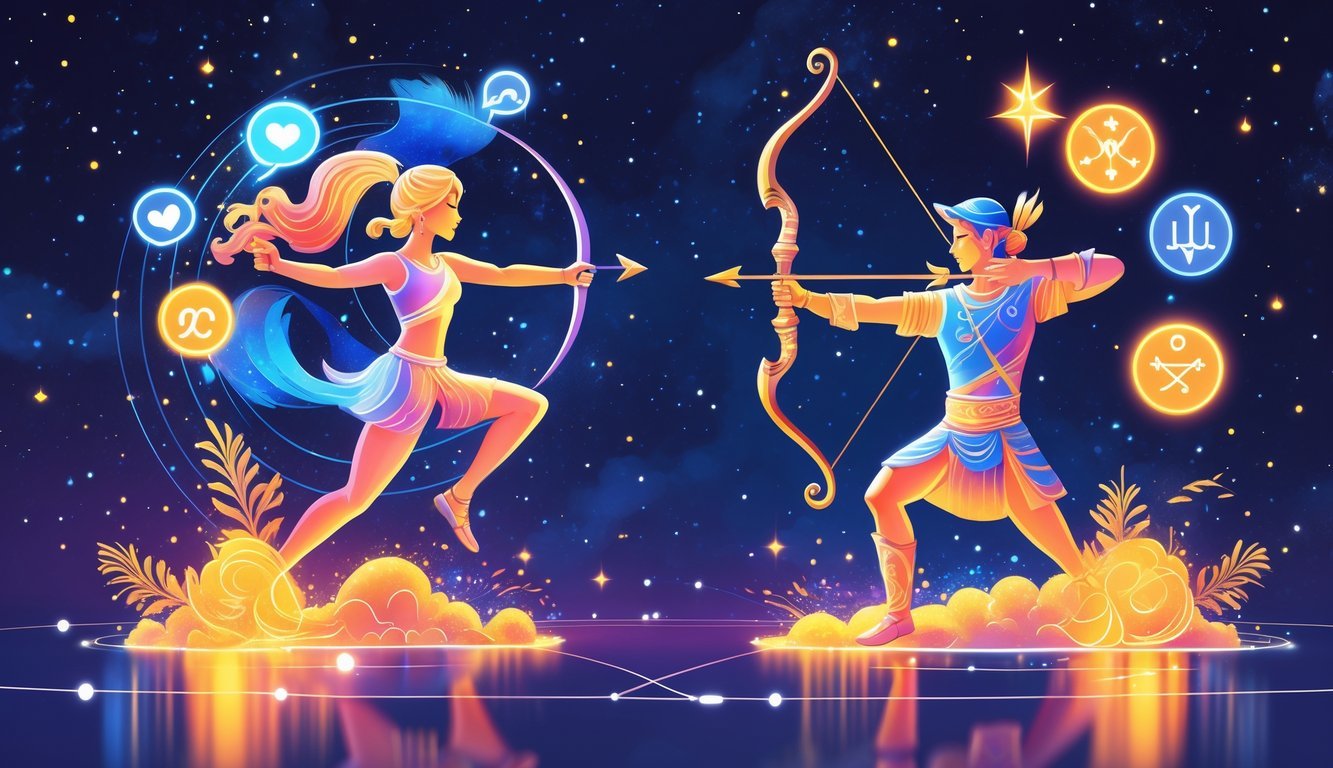 Two figures representing Gemini twins and a Sagittarius archer surrounded by six glowing symbols illustrating their relationship influences, set against a cosmic background with stars and zodiac elements.