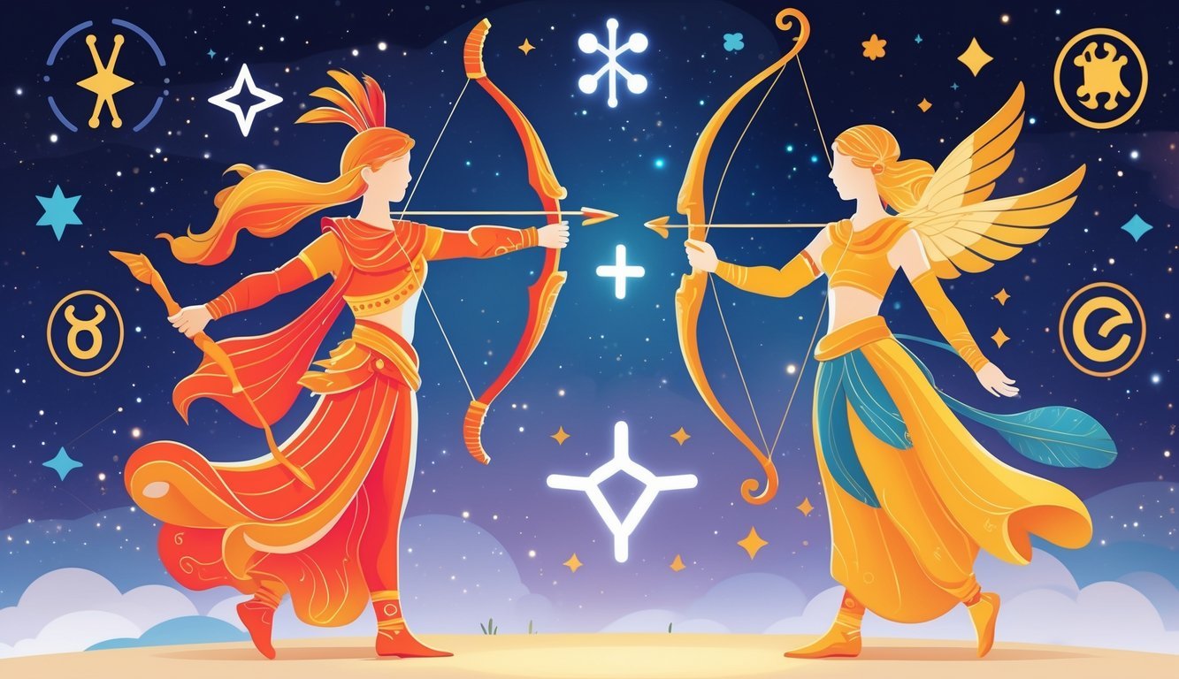 Two human figures representing Sagittarius and Gemini facing each other with six floating symbols around them, set against a starry cosmic background.