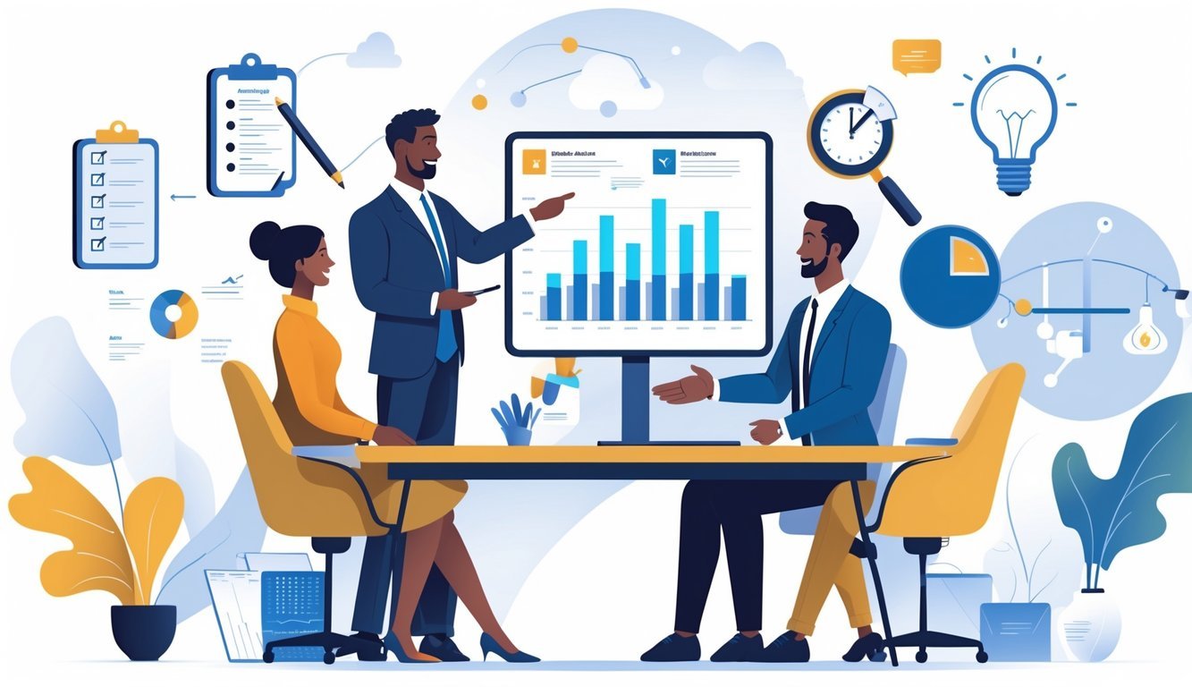 A financial advisor discussing wealth management with a couple in an office, surrounded by icons representing key factors like trust, credentials, and guidance.
