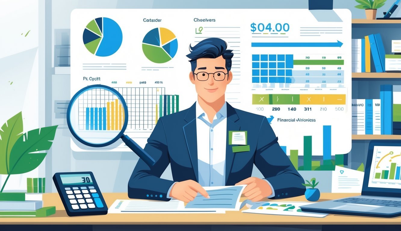 A person reviewing financial documents and charts at a desk surrounded by symbols of financial planning, including graphs, a calculator, a calendar, and a handshake.
