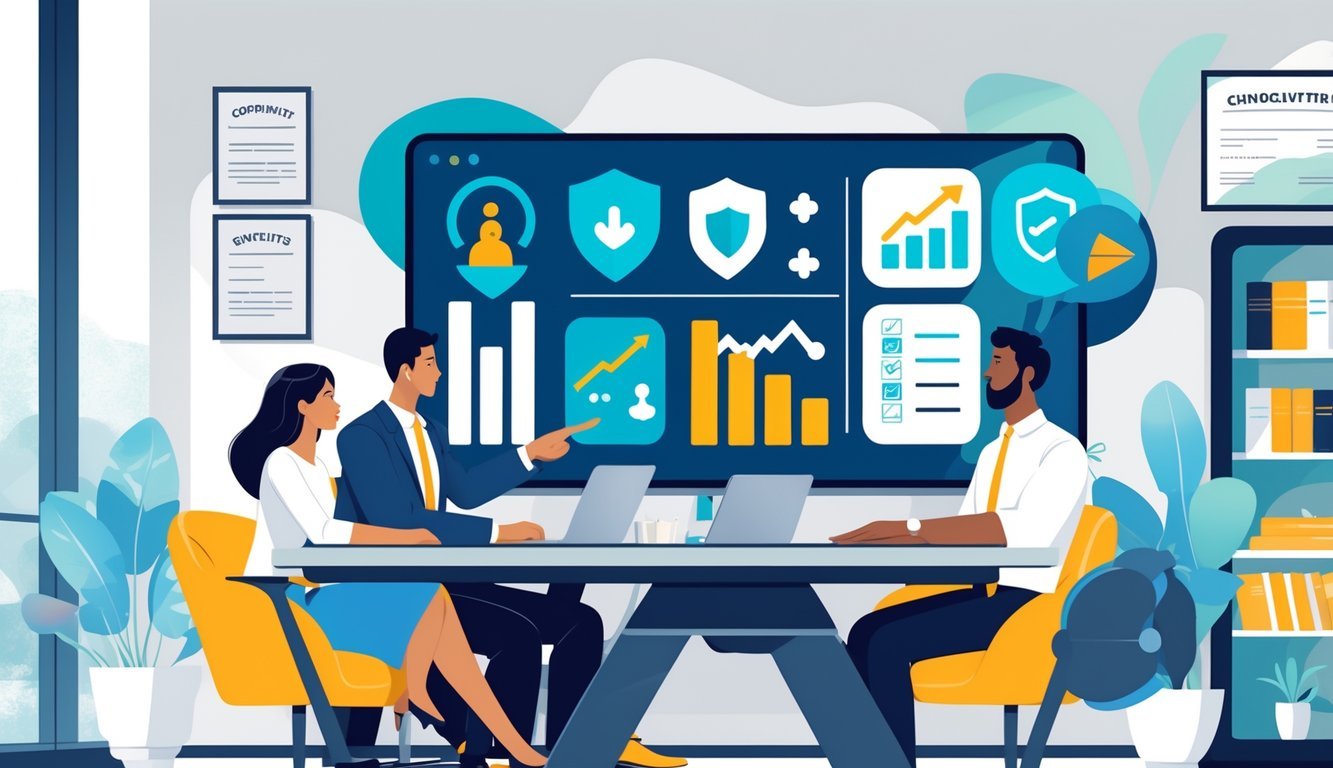 A wealth management advisor meeting with a couple in an office, discussing financial planning with visual icons representing growth, security, and key tips on a screen.