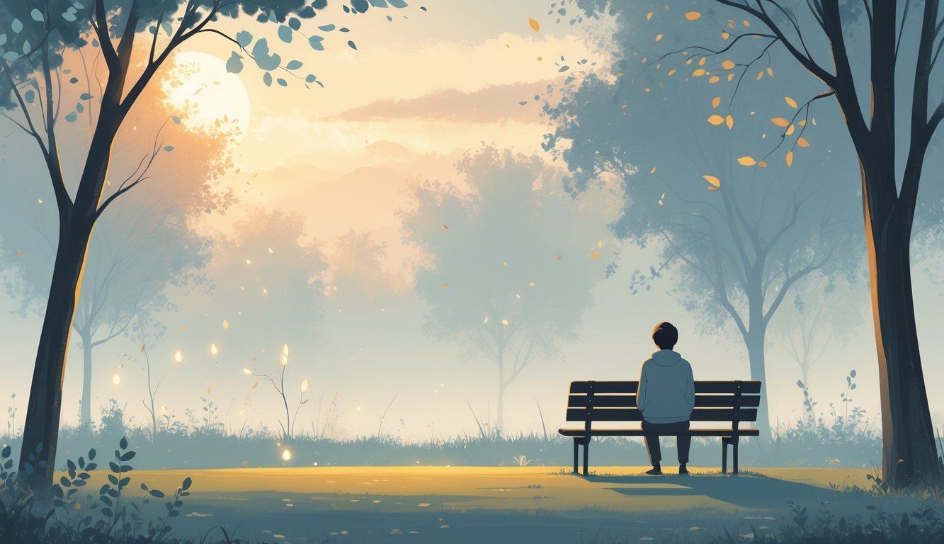 A person sitting peacefully on a bench in a quiet park at dawn, surrounded by soft glowing silhouettes representing memories, with trees and falling leaves in the background.