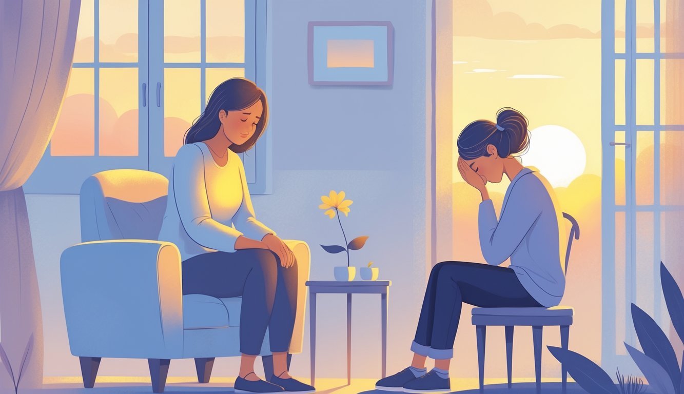 A counselor comforting a grieving person in a calm room with soft lighting and symbolic elements like a sunset and a wilting flower.