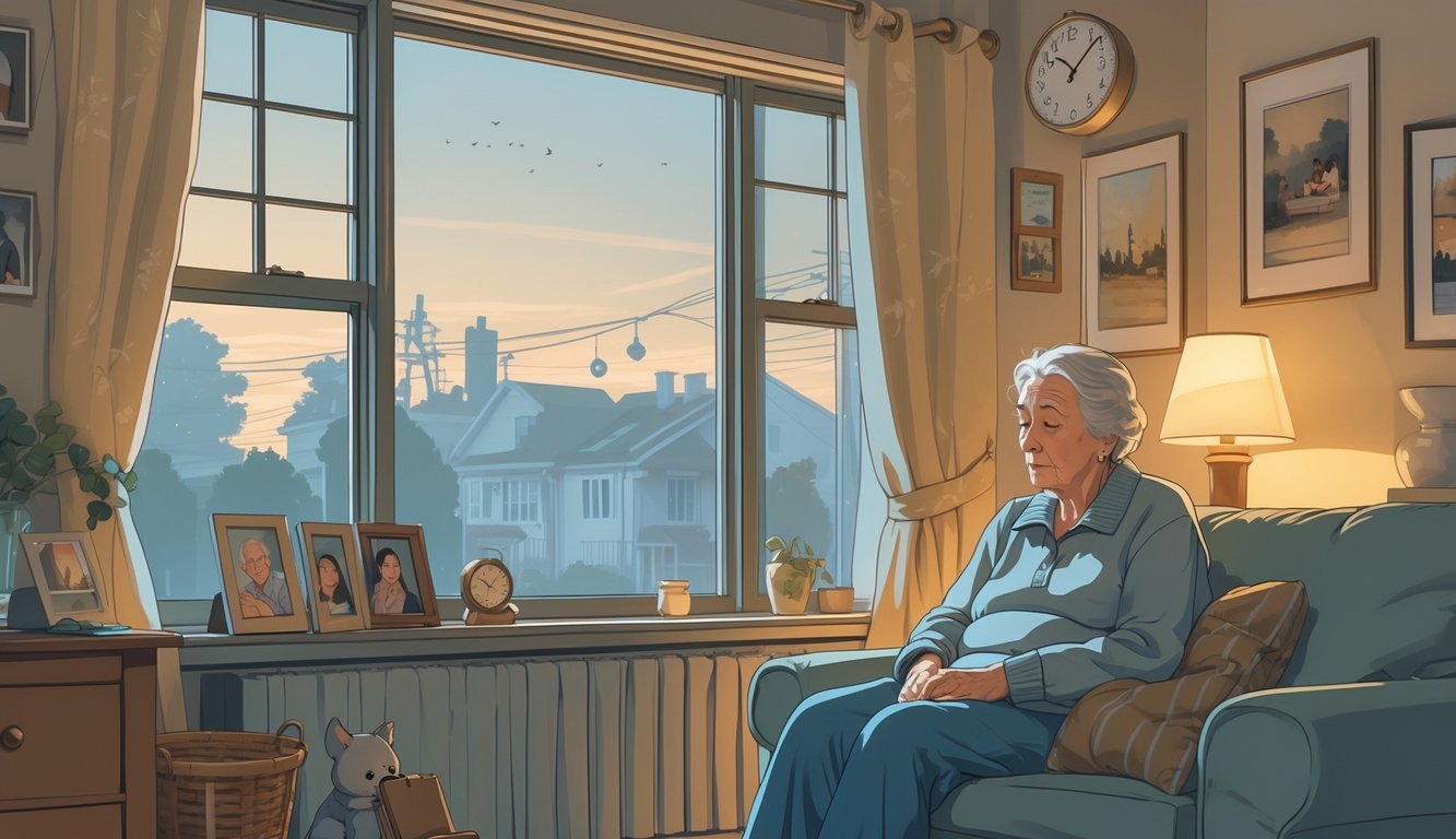 An elderly person sitting alone in a living room, looking out a window with a sad expression, conveying loneliness.