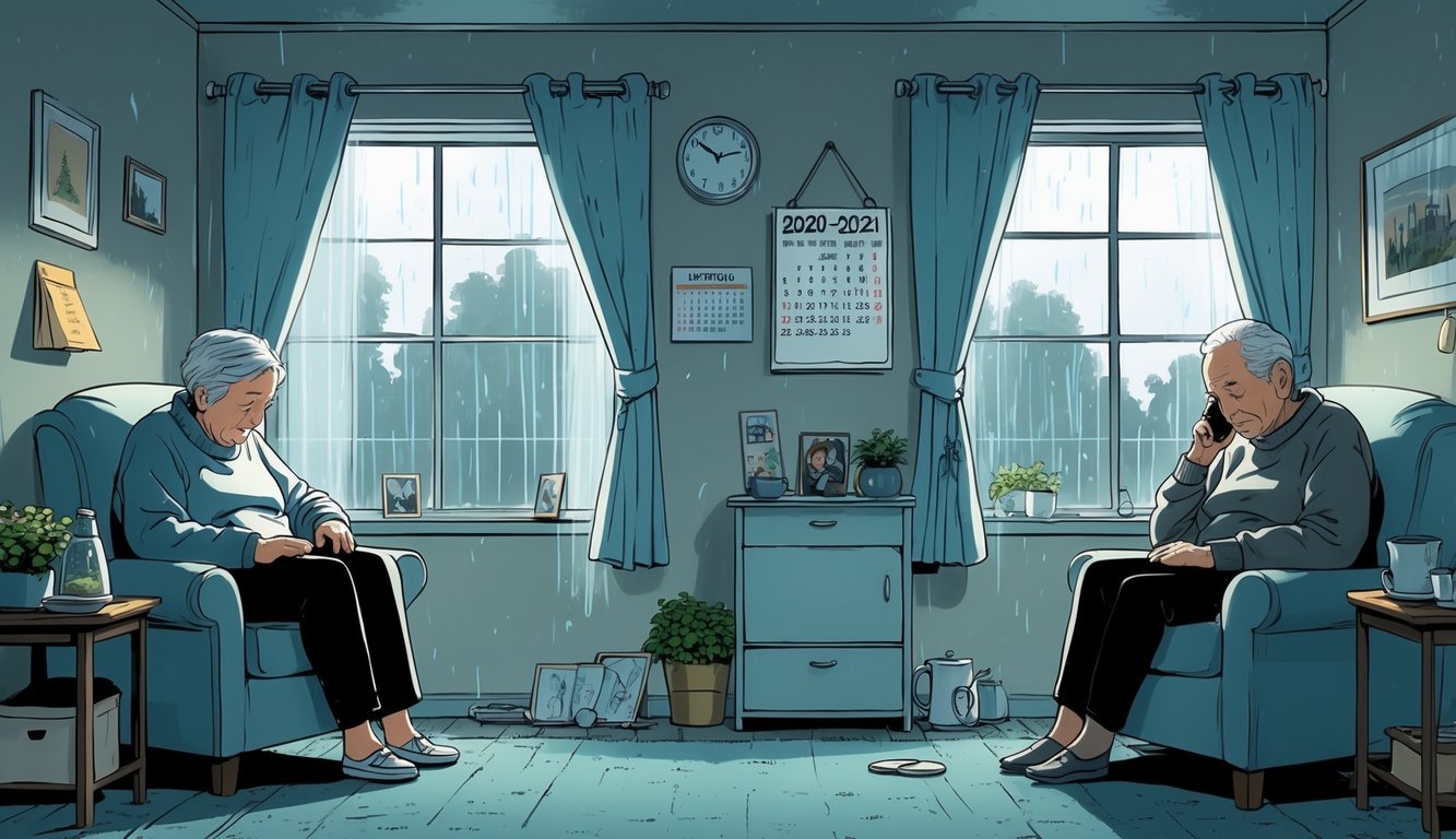 Two elderly people sitting alone in separate rooms of a home, looking thoughtful and isolated.