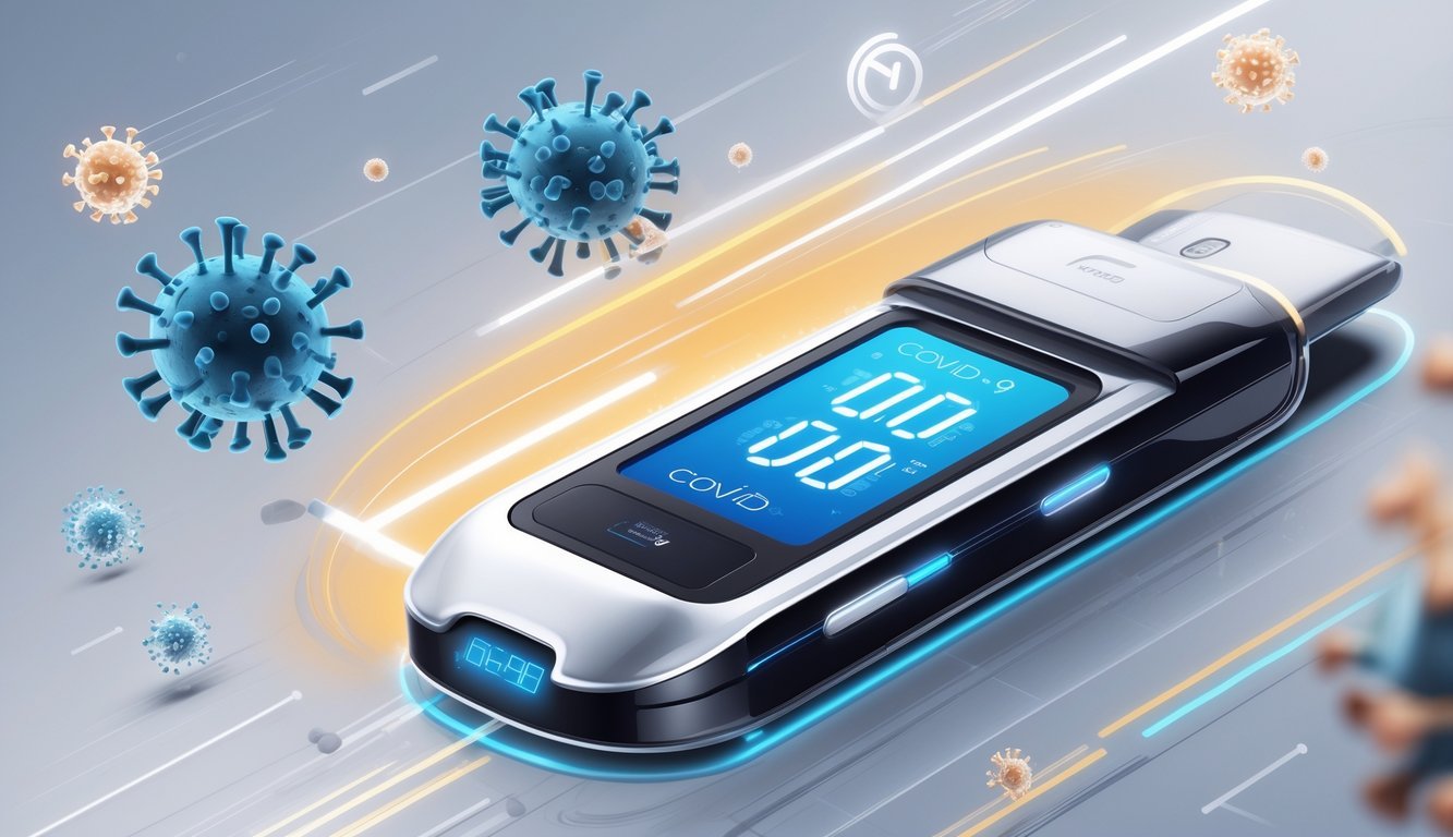 A modern COVID-19 rapid test device with a digital display showing an immediate result, surrounded by visual effects symbolizing speed and accuracy.