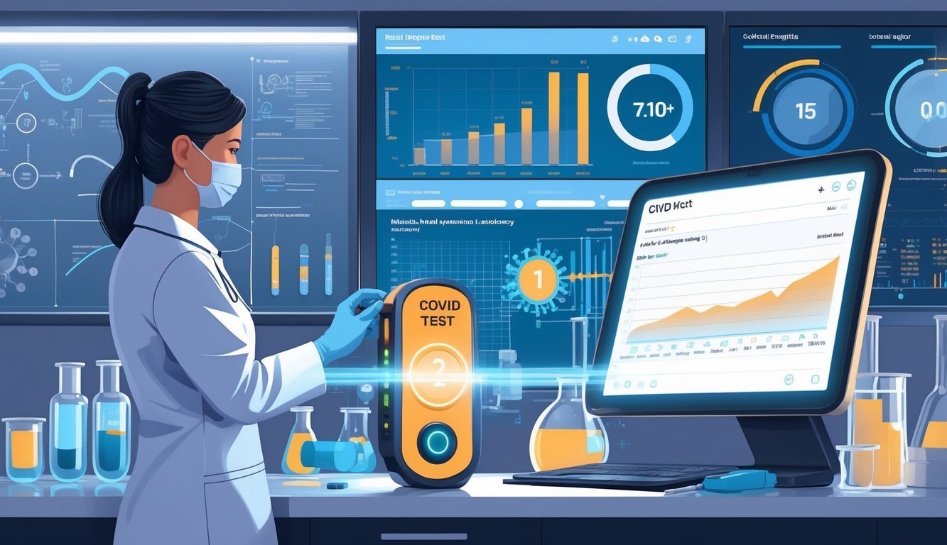 A healthcare professional in a lab coat observes a fast COVID test device in a medical lab with digital screens showing rapid test results and scientific data.