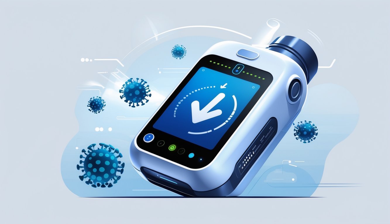 A handheld COVID-19 rapid test device showing an instant result with surrounding virus icons and motion lines indicating speed.