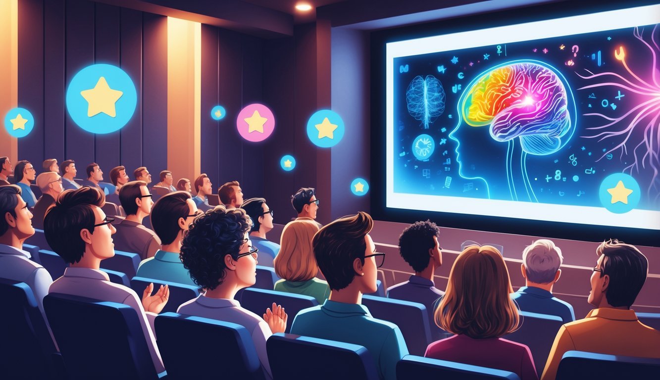 A group of people watching a movie screen showing colorful abstract images of the mind, with star-shaped icons floating around, in a cozy movie theater.