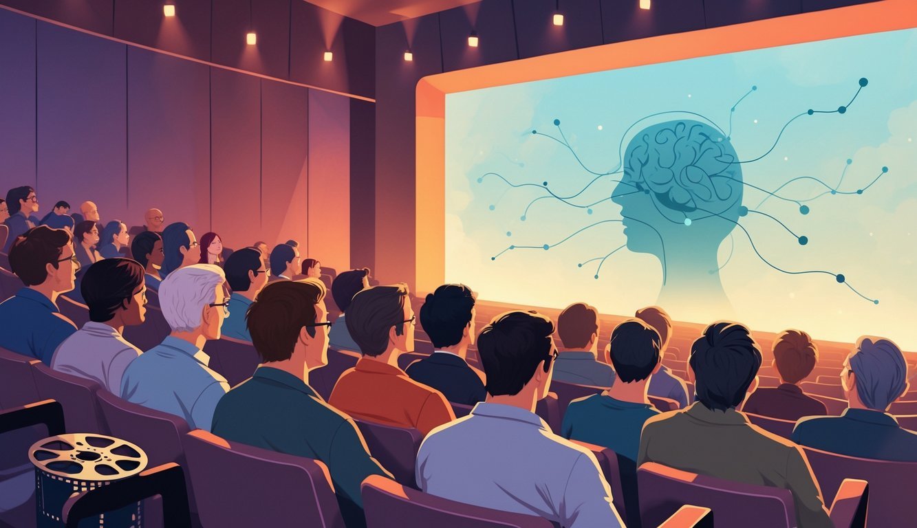 A diverse audience watching a movie about mental health in a cozy theater, showing thoughtful and empathetic expressions.