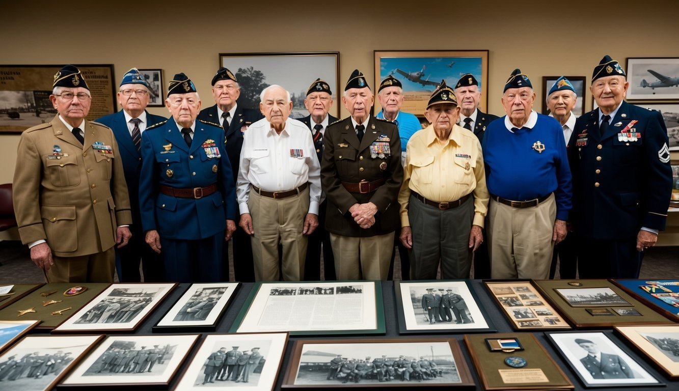 A group of elderly veterans in uniform stand together, surrounded by historical military memorabilia and photos from World War II
