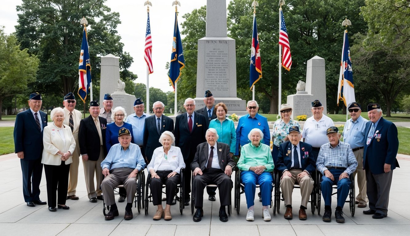 A group of elderly individuals gathered in a memorial park, surrounded by flags and monuments honoring World War II veterans