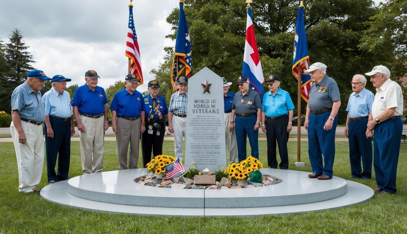 A group of elderly individuals gathered around a memorial, with flags and symbols of remembrance, representing the global impact of World War II veterans