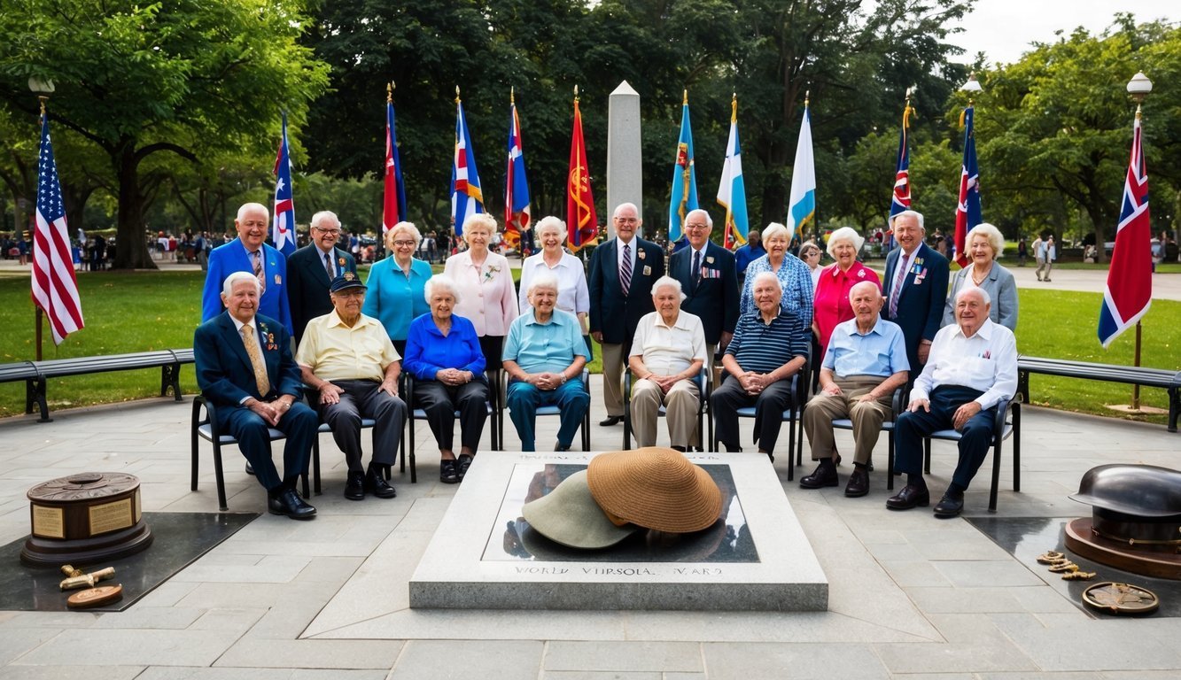 A group of elderly individuals gathered in a memorial park, surrounded by flags and historical artifacts from World War 2