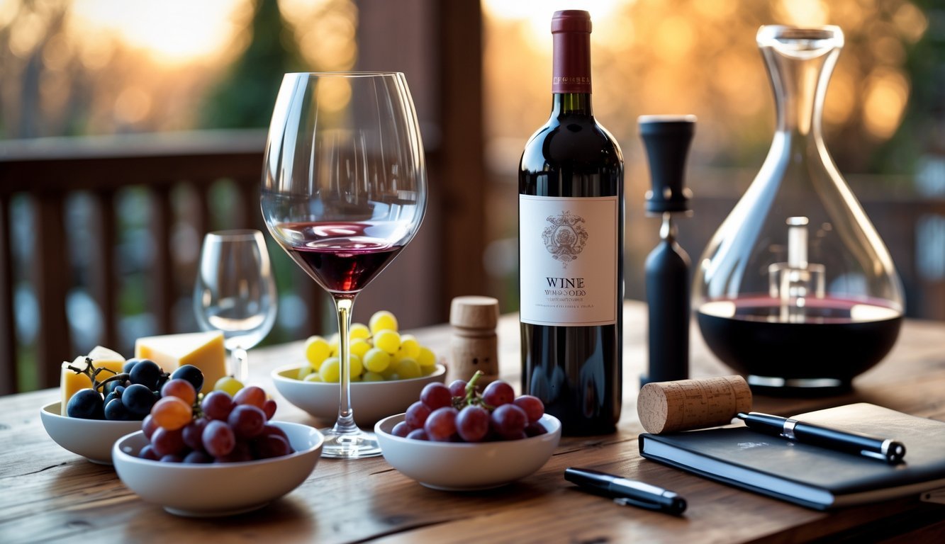 A wooden table with a glass of red wine, a wine bottle, corkscrew, cork, cheese, grapes, nuts, a wine aerator, decanter, and a notebook with a pen.