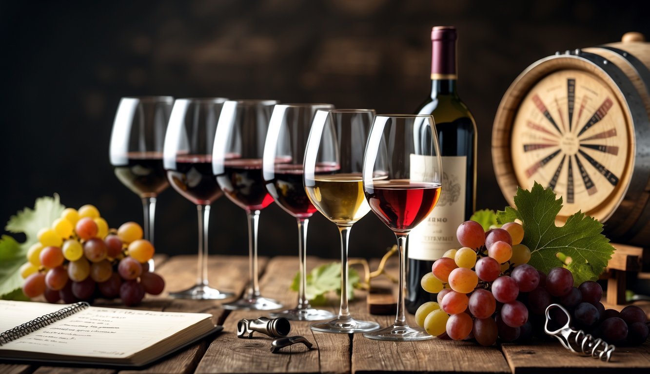 A wine tasting setup with glasses of red and white wine, grapes, a wine bottle, a corkscrew, and a notebook on a wooden table.
