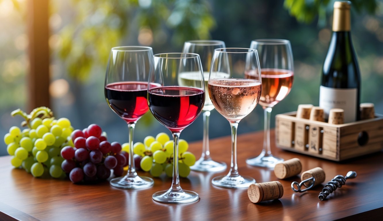 A wine tasting setup with glasses of red, white, and rosé wine, grape clusters, a wine bottle, and corks on a wooden table.