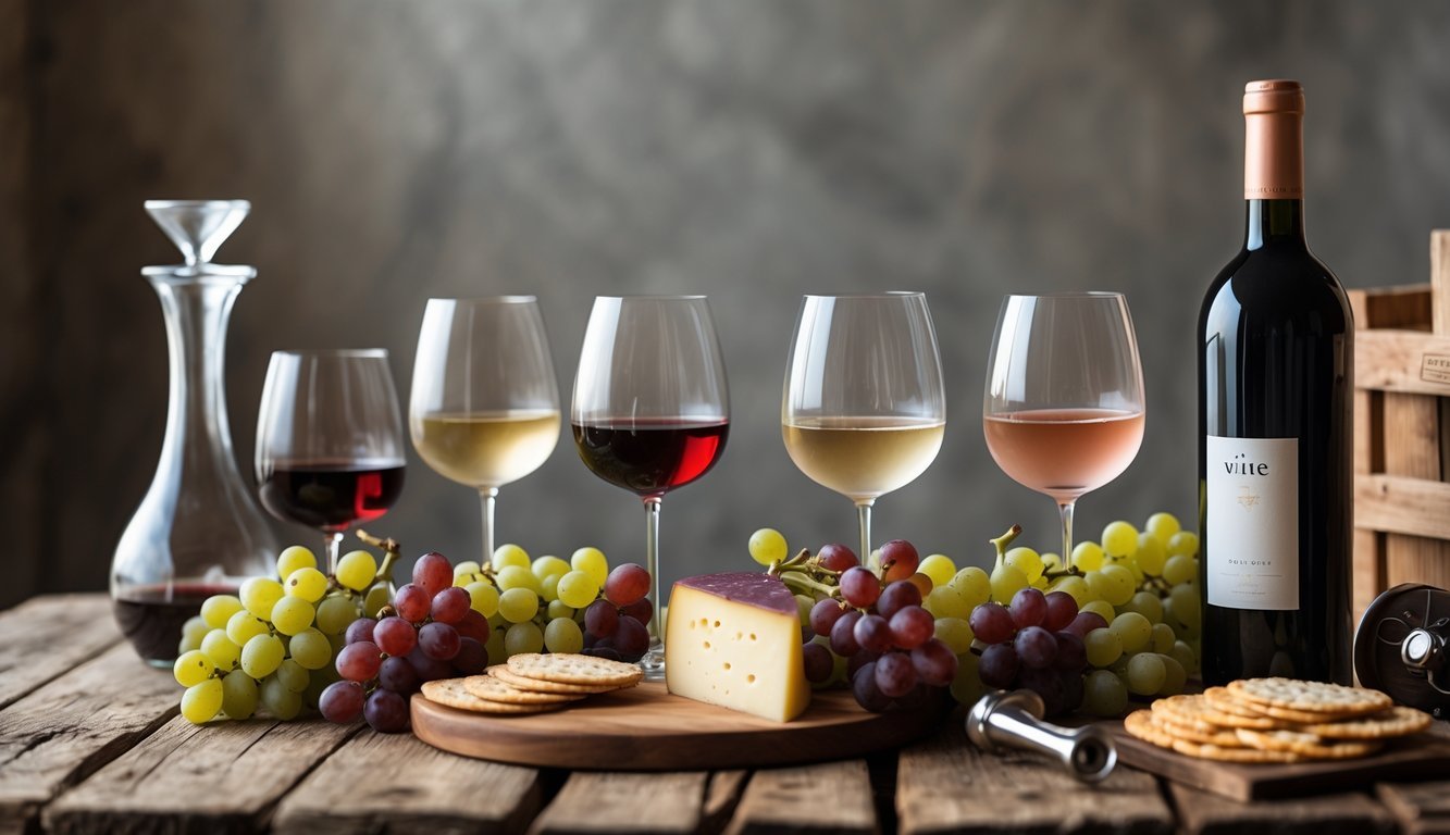A wine tasting setup with glasses of red, white, and rosé wine, a wine bottle, grapes, a corkscrew, a decanter, and a cheese board on a wooden table.