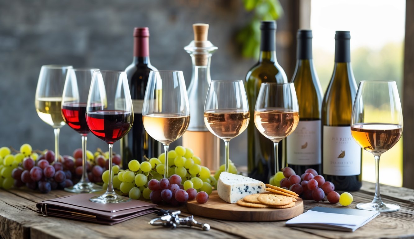 A wine tasting setup with glasses of red, white, and rosé wine, wine bottles, a corkscrew, decanter, grapes, a notebook, and a cheese platter on a wooden table.