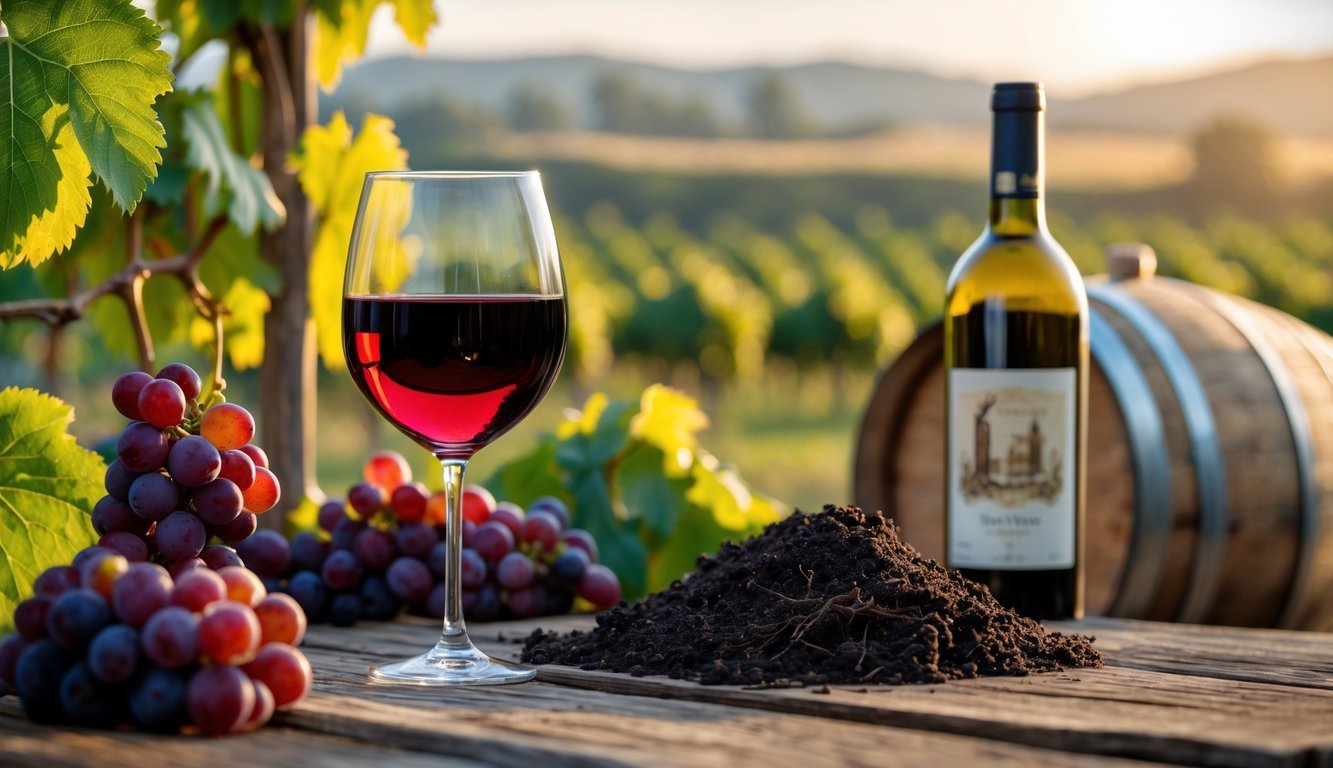 A close-up of a wine glass, grapes on the vine, vineyard soil, a wine barrel, and a bottle on a wooden table with a blurred vineyard landscape in the background.