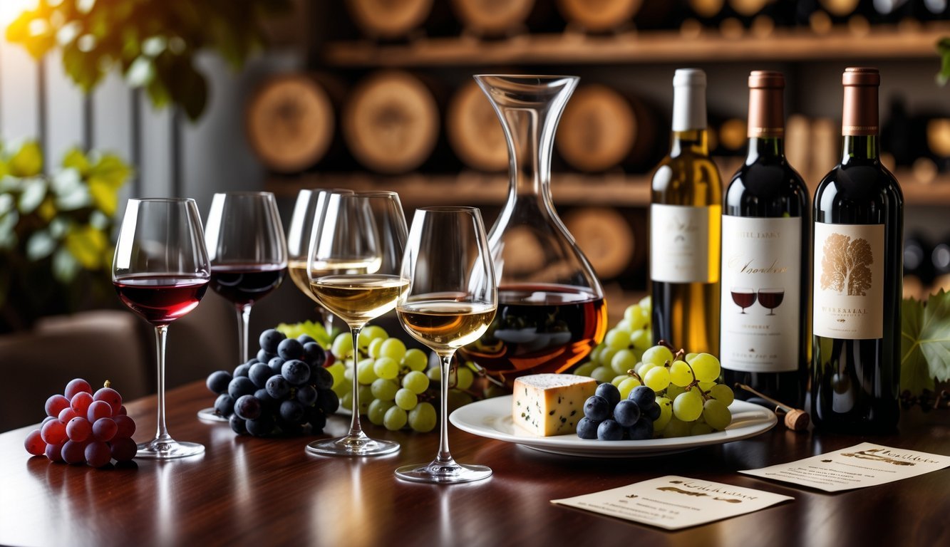 A wine tasting setup with glasses of red and white wine, cheese, grapes, and wine-related items arranged on a wooden table.