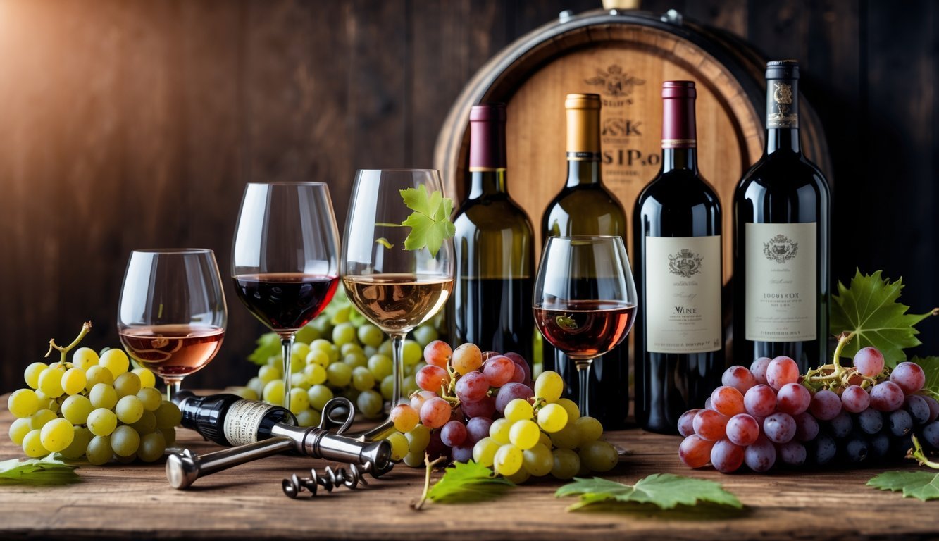 A table with wine glasses, wine bottles, grapes, a corkscrew, and a wine barrel arranged together.