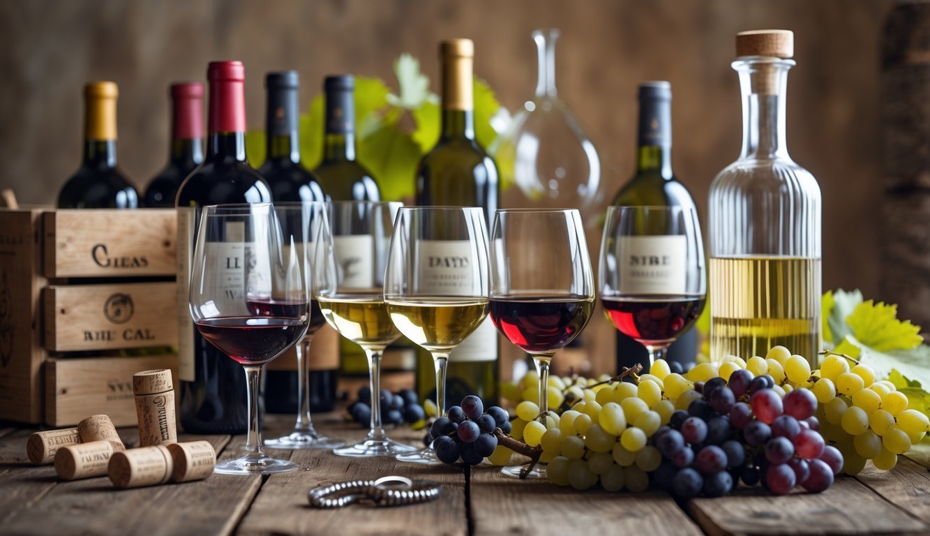 A wooden table with vintage wine bottles, glasses of red and white wine, corks, a corkscrew, a decanter, and grape clusters arranged for a wine tasting.