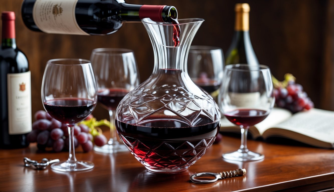 A wine decanter being filled with red wine on a wooden table surrounded by wine glasses and grapes.