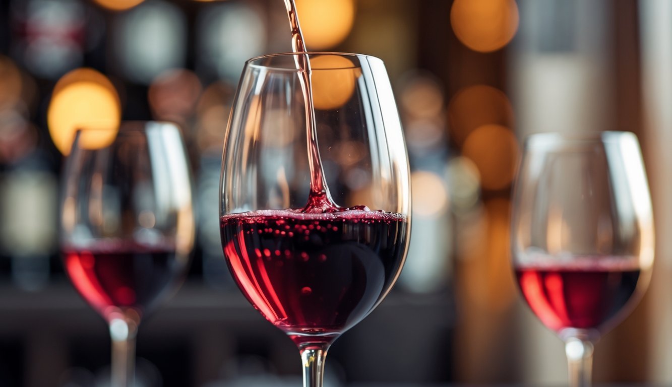 Close-up of a wine glass filled with red wine showing the wine legs inside the glass against a softly blurred warm background.
