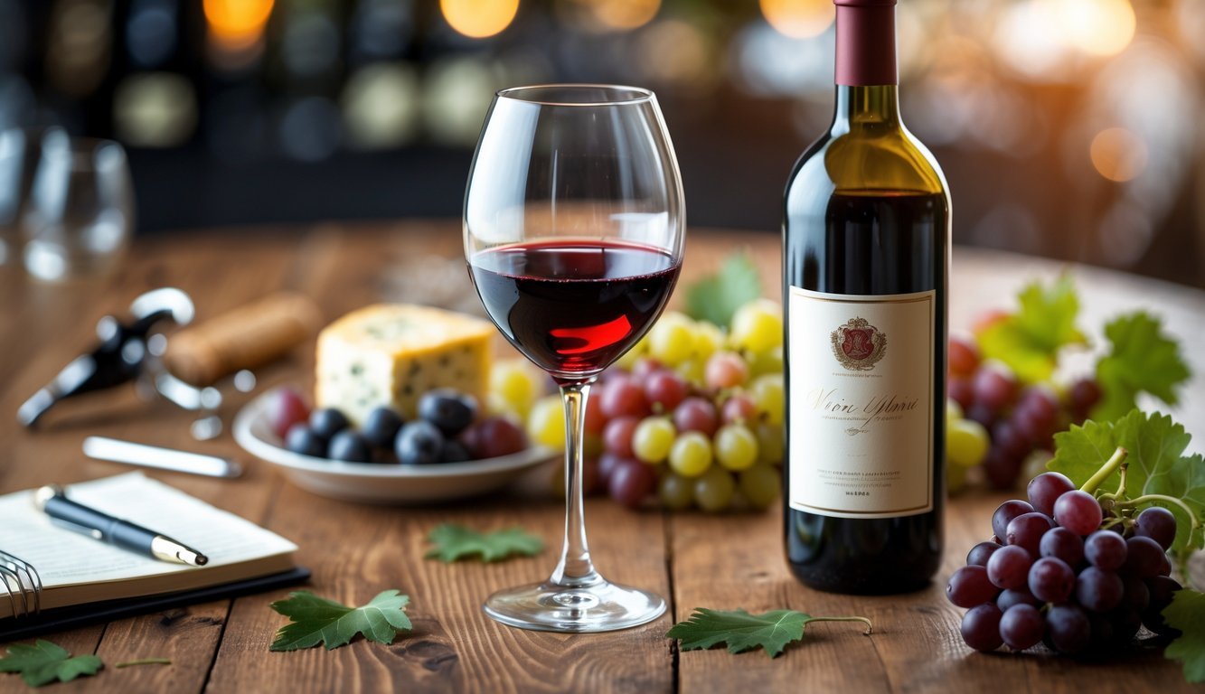 A wine glass filled with red wine on a wooden table surrounded by a wine bottle, corkscrew, cheese, grapes, grape leaves, and a notebook.