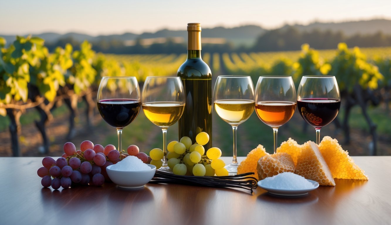 An arrangement of wine glasses with different wines, grapes, honeycomb, vanilla pods, and sugar on a wooden table with a vineyard in the background.