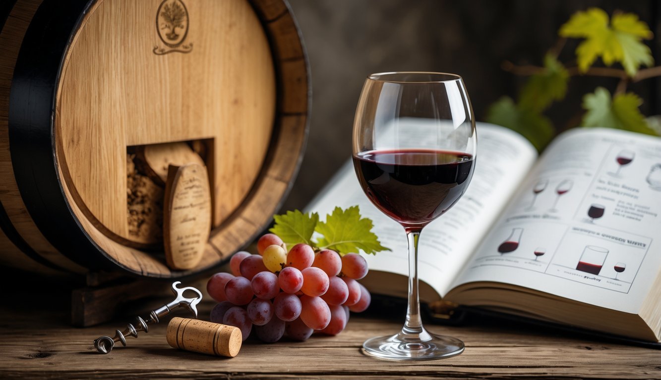 Close-up of a wine glass filled with red wine, an oak barrel in the background, grapes, a corkscrew, and an open wine journal on a wooden table.