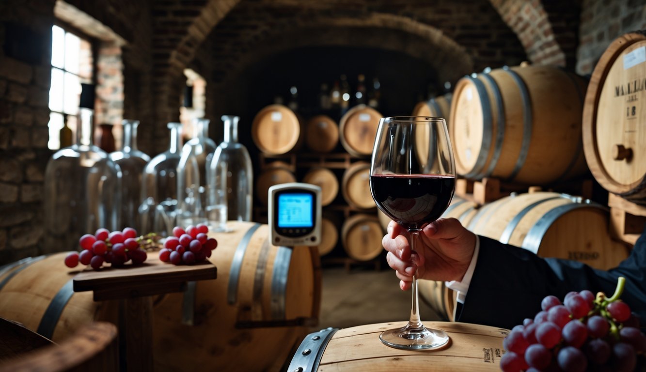 Wine cellar with oak barrels, a person holding a glass of red wine, grapes on a table, and fermentation equipment.