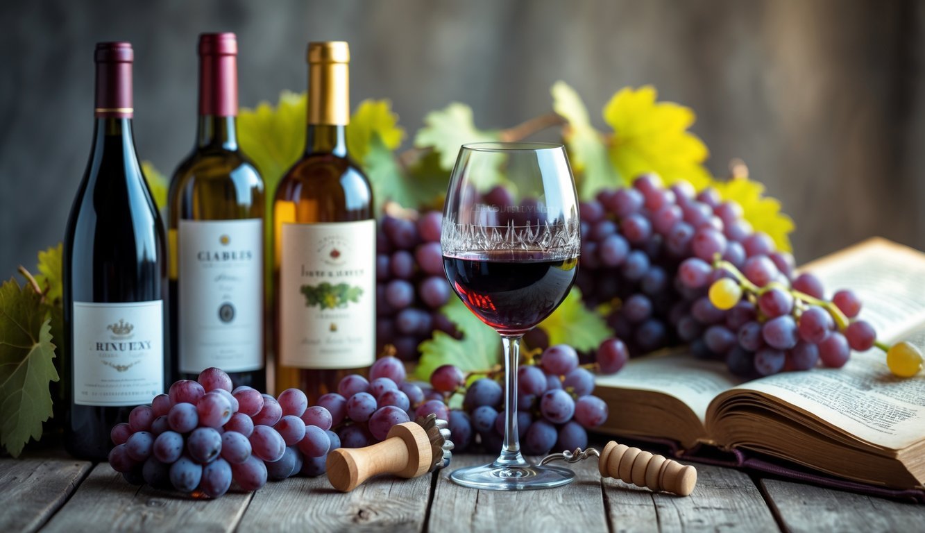 An arrangement of wine bottles, a glass of red wine, grape clusters, a corkscrew, and an open book on a wooden table.