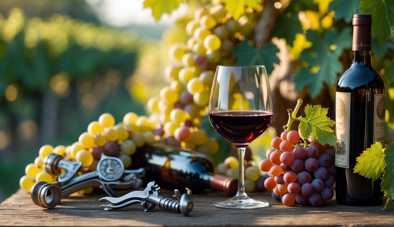 A wooden table with a wine bottle, a glass of red wine, a corkscrew, and grapes with leaves, set against a blurred vineyard background.