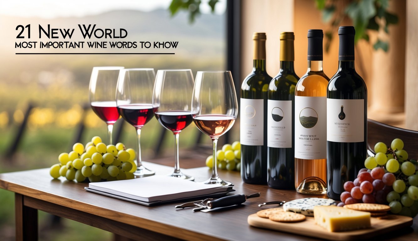 A wine tasting setup with glasses of red, white, and rosé wine, open bottles, a decanter, grapes, cheese platter, and a map highlighting New World wine regions on a wooden table.