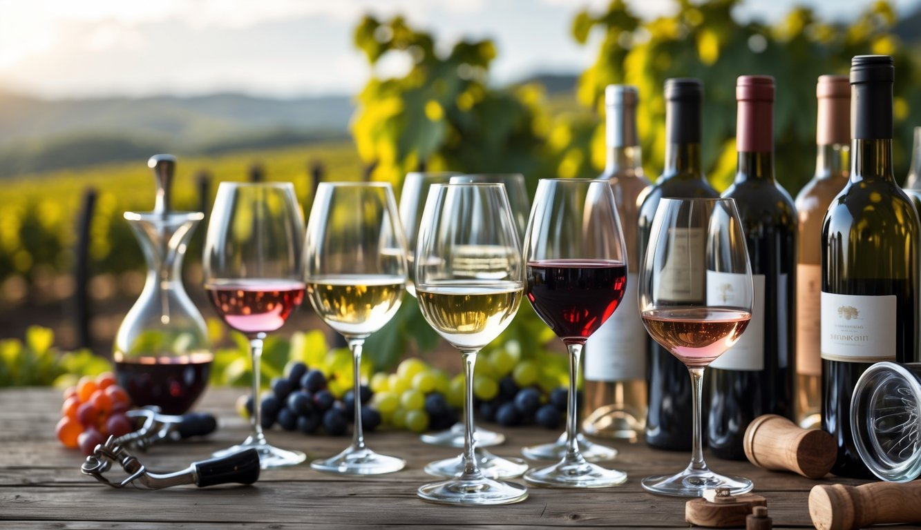 A wine tasting setup with glasses of red, white, and rosé wine, wine bottles, and accessories on a wooden table with a vineyard in the background.