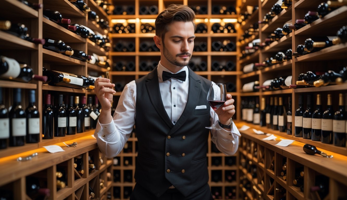 A sommelier in a wine cellar holding a glass of red wine, surrounded by shelves of wine bottles.