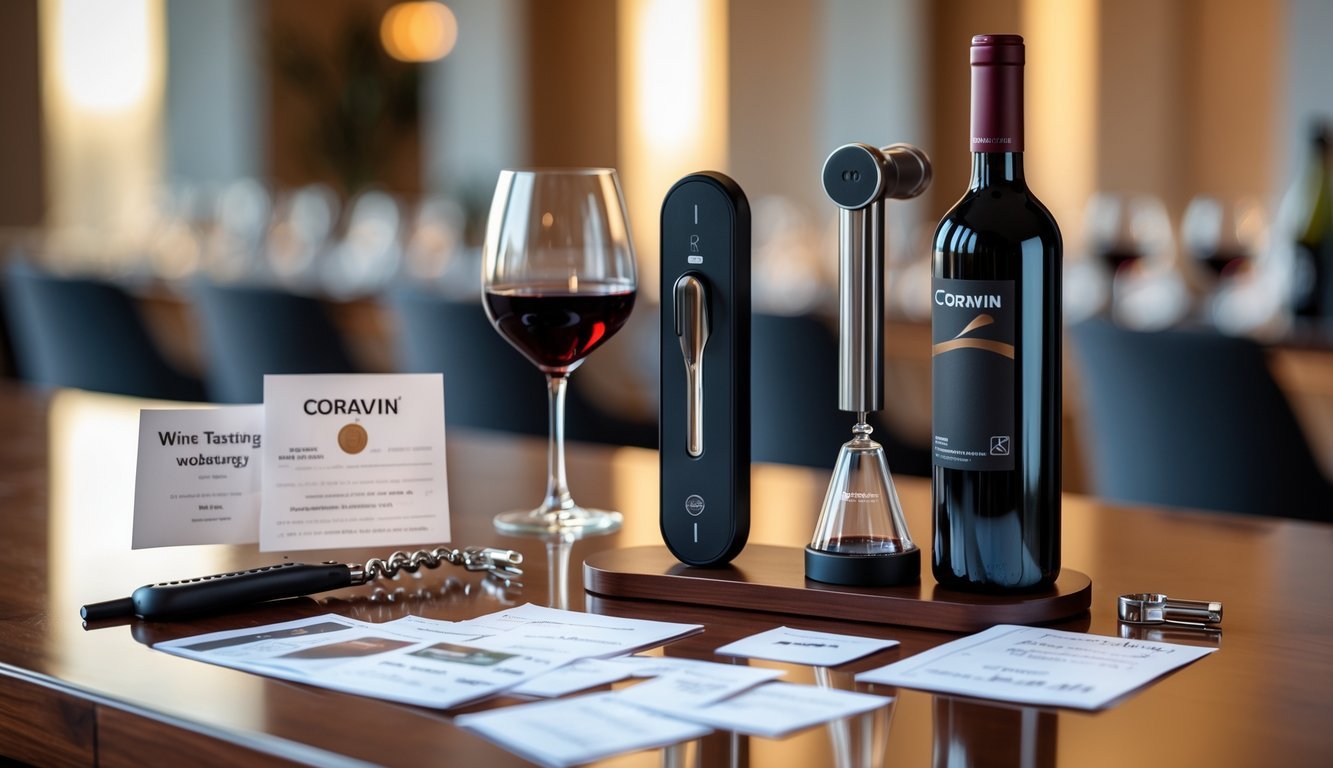 A wine tasting setup with a Coravin wine preservation system, a bottle of red wine, a filled wine glass, and wine accessories arranged on a wooden table.