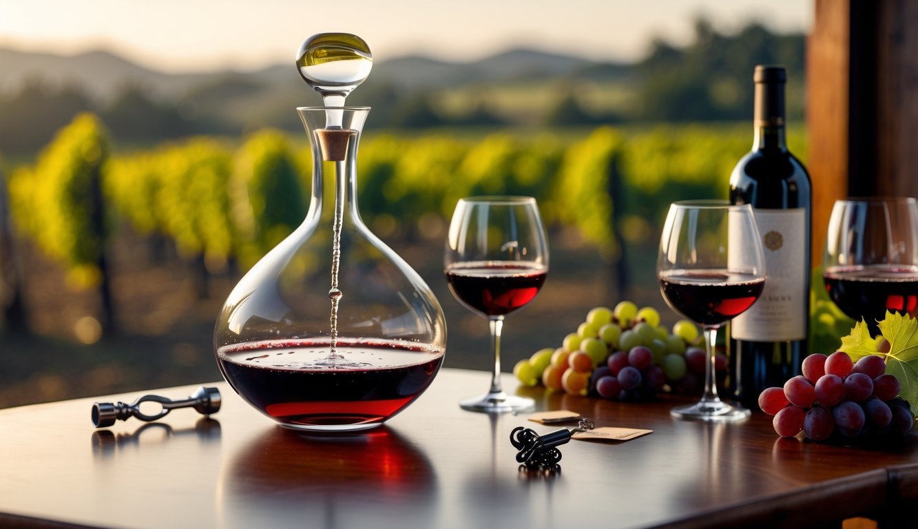 A wine decanter with red wine on a wooden table surrounded by wine glasses, a wine bottle, corkscrew, and grapes with a vineyard in the background.
