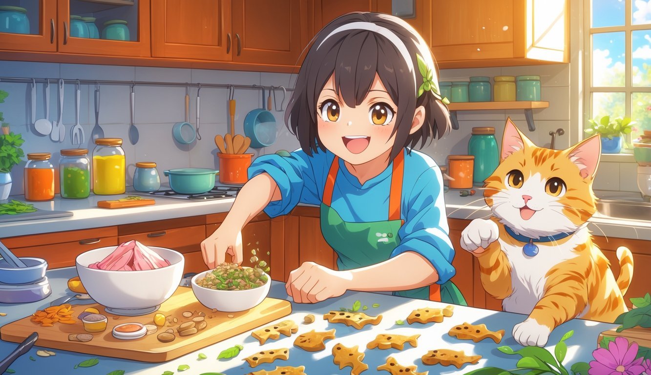 A person in a kitchen making cat treats while a curious cat watches nearby.