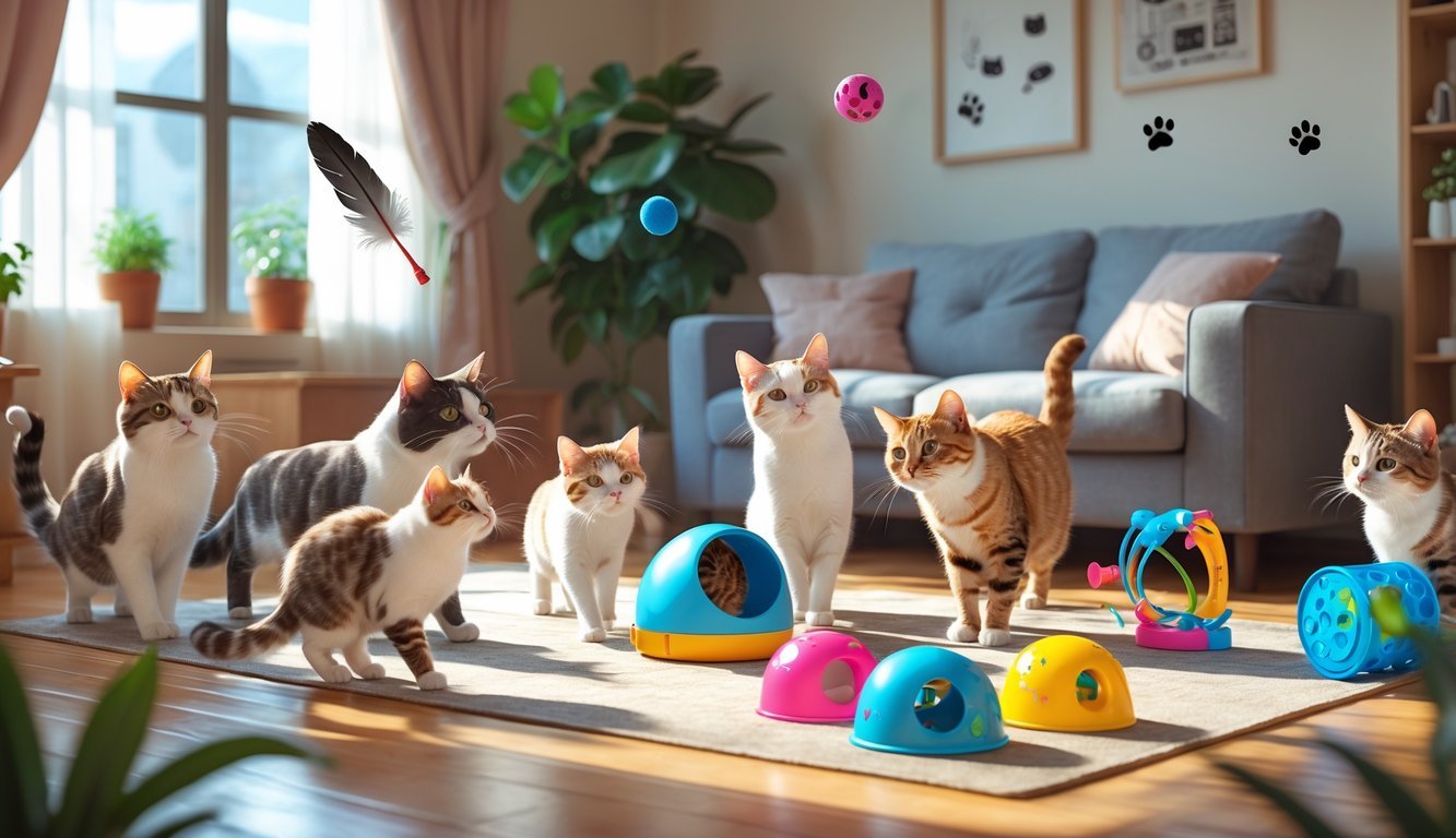 Several cats playing energetically with various interactive toys inside a cozy living room.