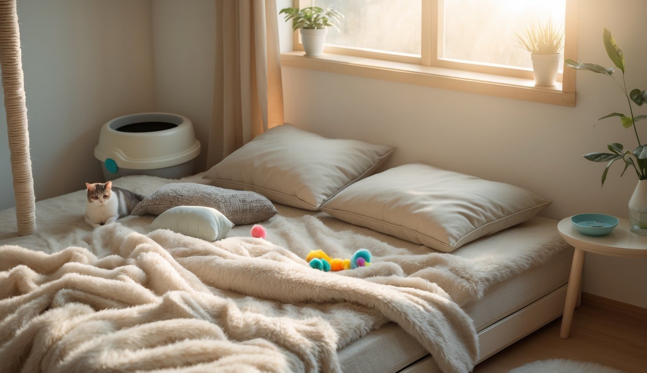 A quiet, cozy room with a soft bed surrounded by cat care items like a water bowl, litter box, scratching post, and toys.